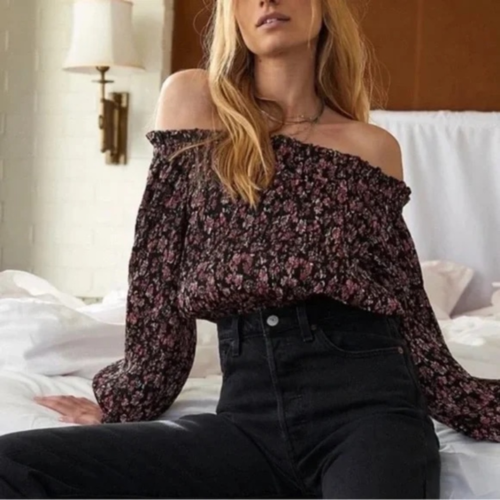 Free People Black and Pink Floral Blouse